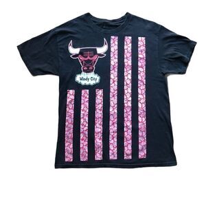 Black and Red Short Sleeve Tee with Bulls Flag Design